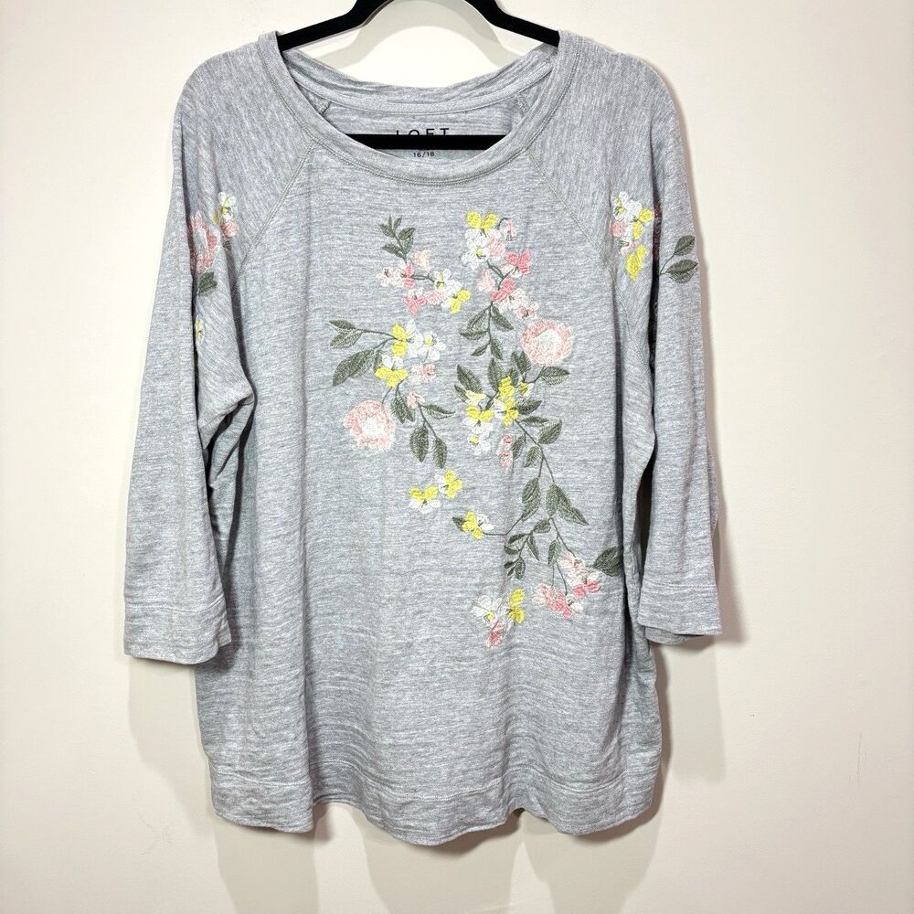 LOFT Organic Cotton Embroidered Floral Sweater Women 16/18 Gray Relaxed Cottage